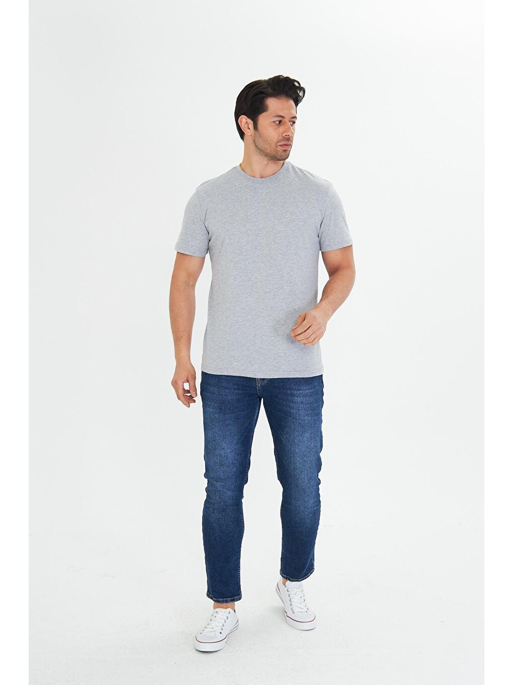 Erkek Büyük Beden Pamuklu Bisiklet Yaka Tişört Gri 5014B-G-1