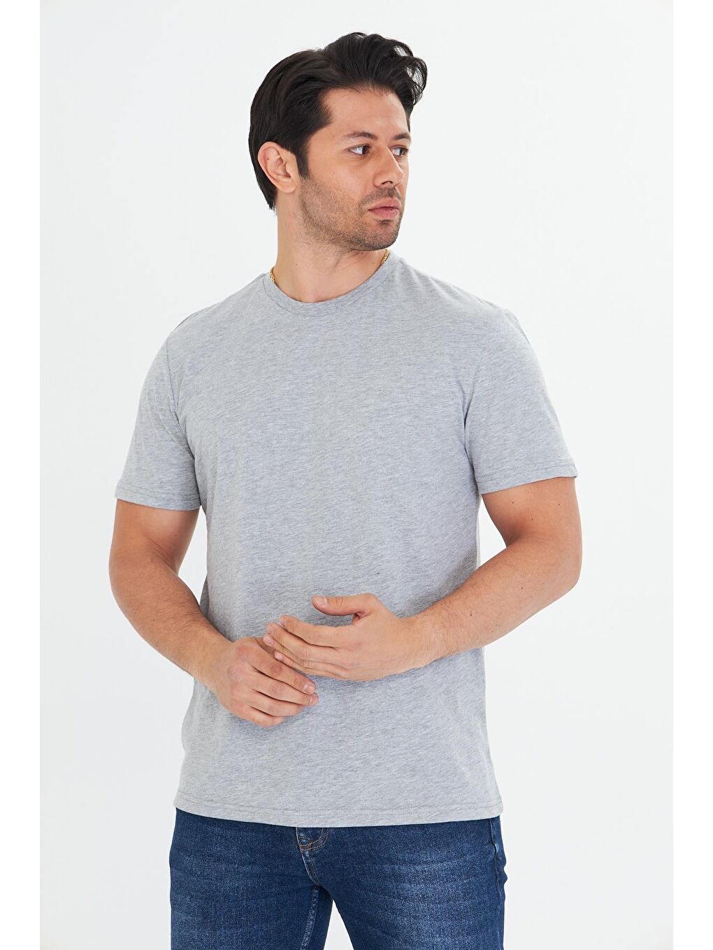 Erkek Büyük Beden Pamuklu Bisiklet Yaka Tişört Gri 5014B-G-4