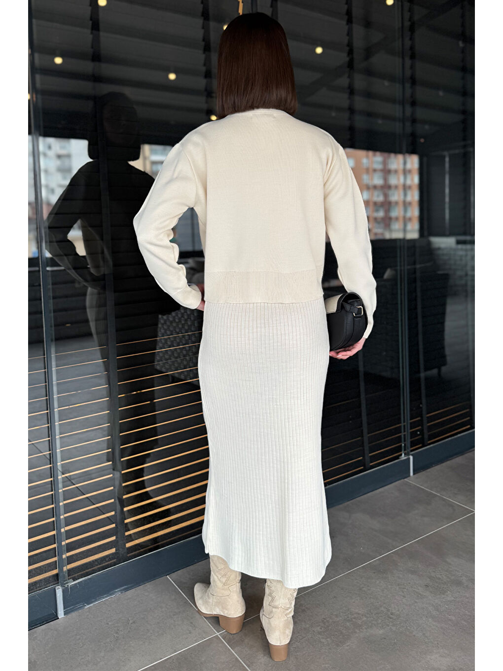 Ekru Kadın İnci Ve Taş İşlemeli Triko Elbise Hırka İkili Takım-3