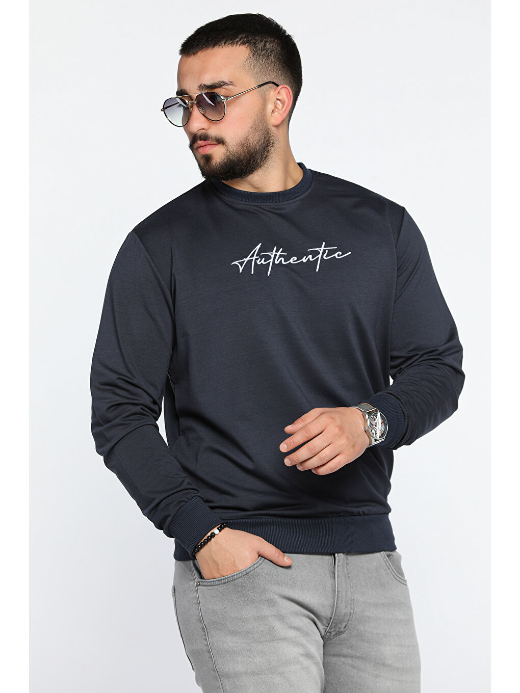 Mishar İtalia Lacivert Erkek Bisiklet Yaka Ön Nakışlı Sweatshirt - 1