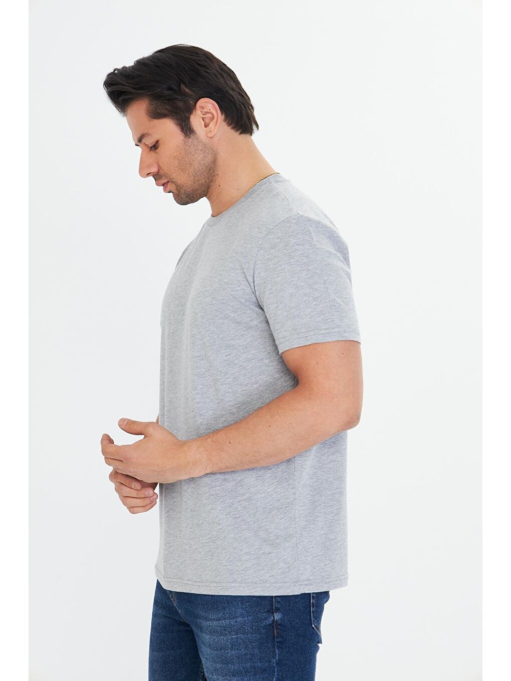 Erkek Büyük Beden Pamuklu Bisiklet Yaka Tişört Gri 5014B-G-5