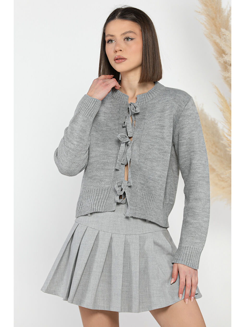 Gri Kadın Ön Bağlamalı Triko Ceket