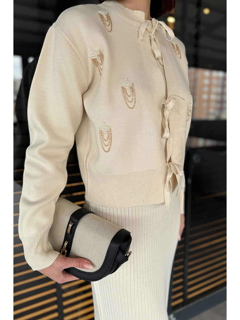 Ekru Kadın İnci Ve Taş İşlemeli Triko Elbise Hırka İkili Takım-4