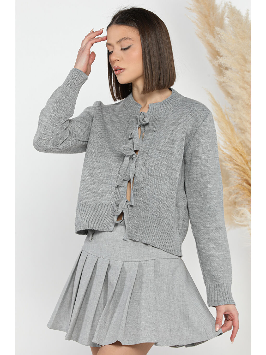 Gri Kadın Ön Bağlamalı Triko Ceket-1