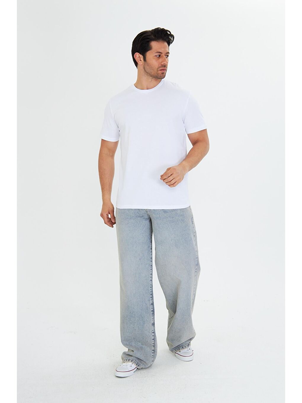 Erkek Büyük Beden Pamuklu Bisiklet Yaka Tişört Beyaz 5014B-B-1