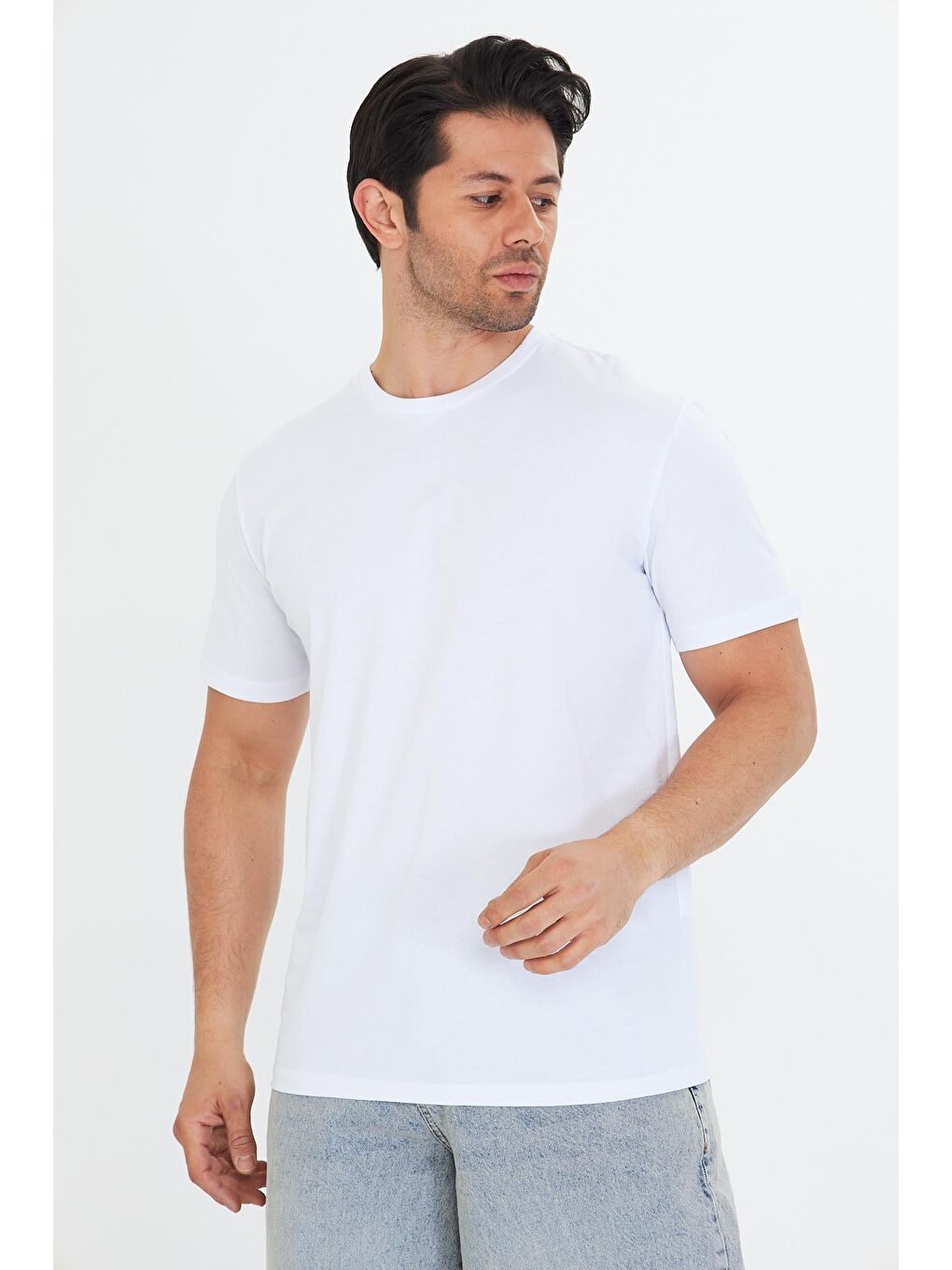 Erkek Büyük Beden Pamuklu Bisiklet Yaka Tişört Beyaz 5014B-B-2