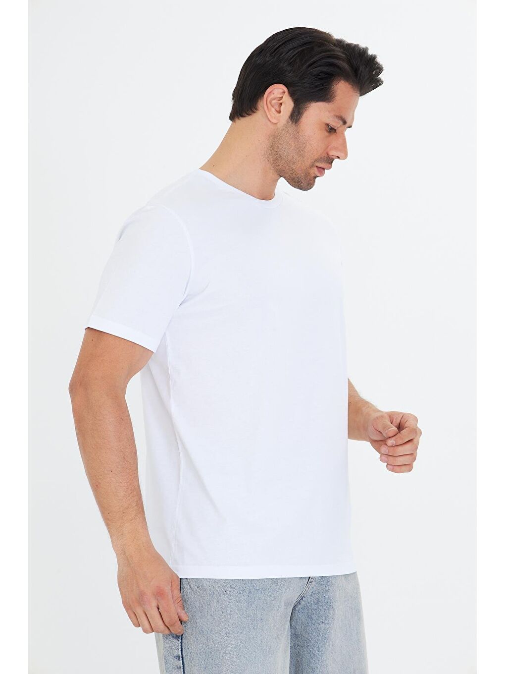 Erkek Büyük Beden Pamuklu Bisiklet Yaka Tişört Beyaz 5014B-B-3