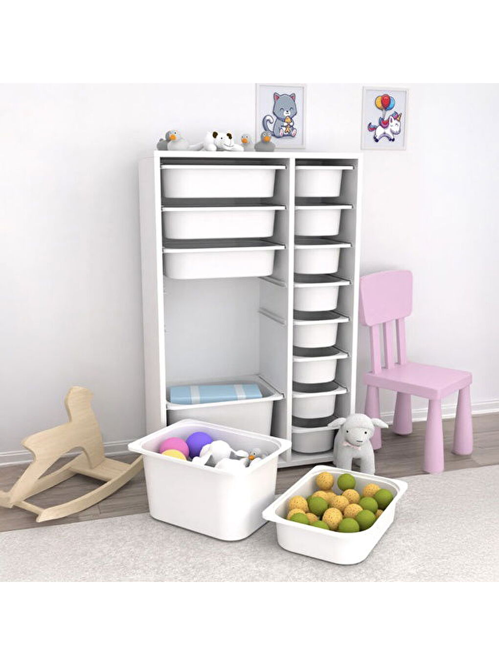 14 Sepetli Çok Amaçlı Oyuncak Dolabı - Beyaz - 109x30x69,5 cm