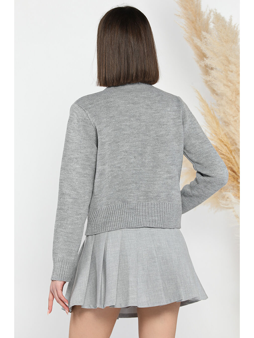 Gri Kadın Ön Bağlamalı Triko Ceket-2