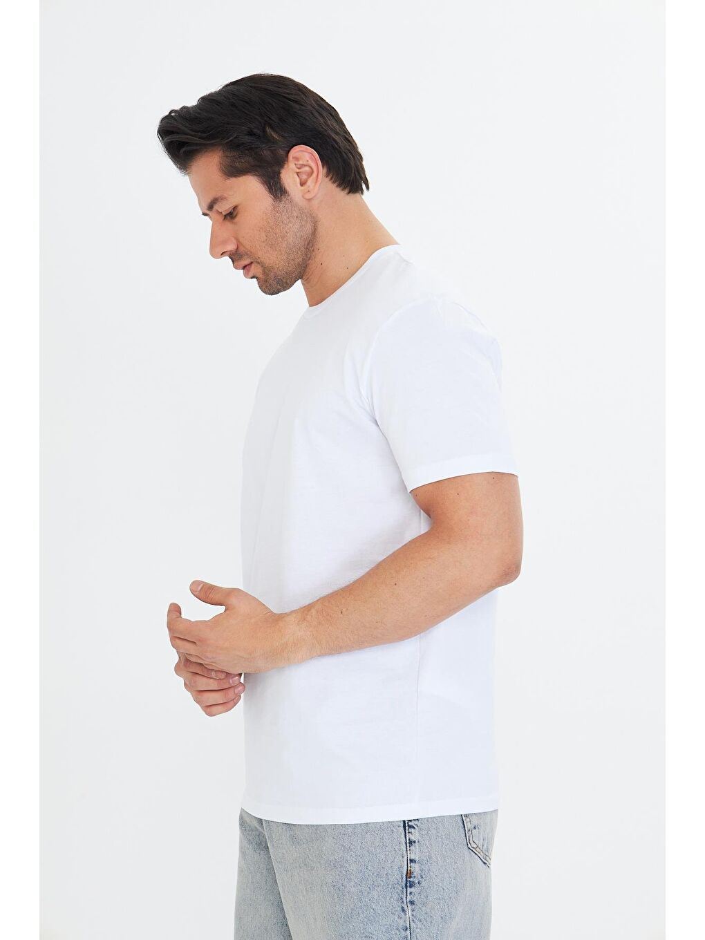 Erkek Büyük Beden Pamuklu Bisiklet Yaka Tişört Beyaz 5014B-B-4