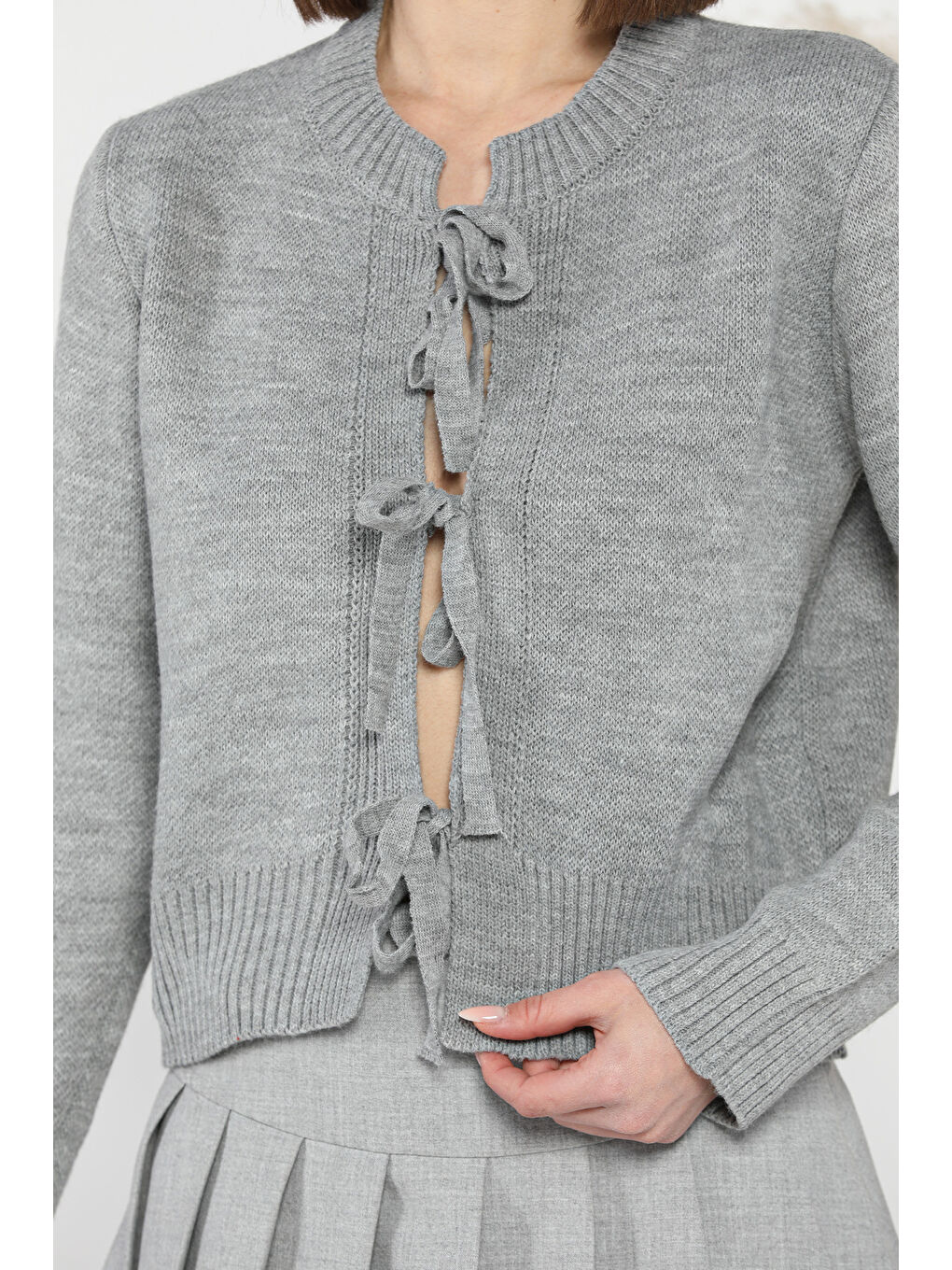 Gri Kadın Ön Bağlamalı Triko Ceket-3