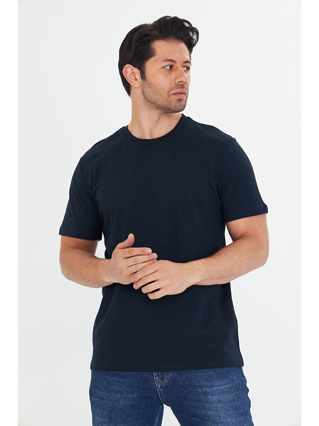 Erkek Büyük Beden Pamuklu Bisiklet Yaka Tişört Lacivert 5014B-L-1