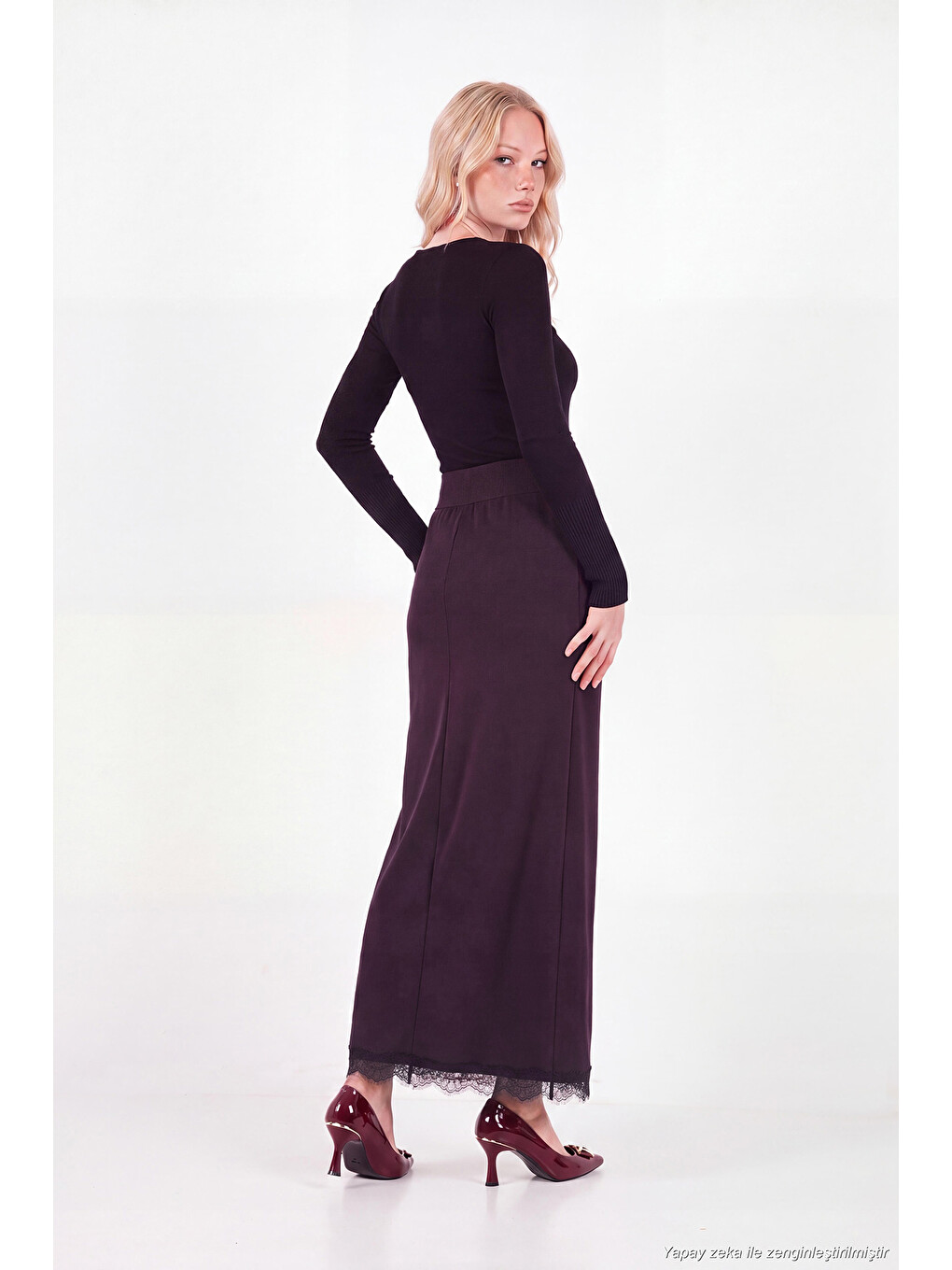 Mürdüm Triko Dantelli Yırtmaç Detaylı Kadın Maxi Boy Etek 680et00117-6