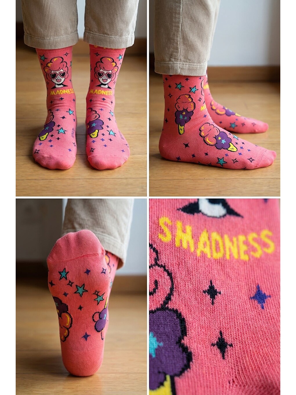 Unisex Popart Desenli Çorap Koyu Pembe-1