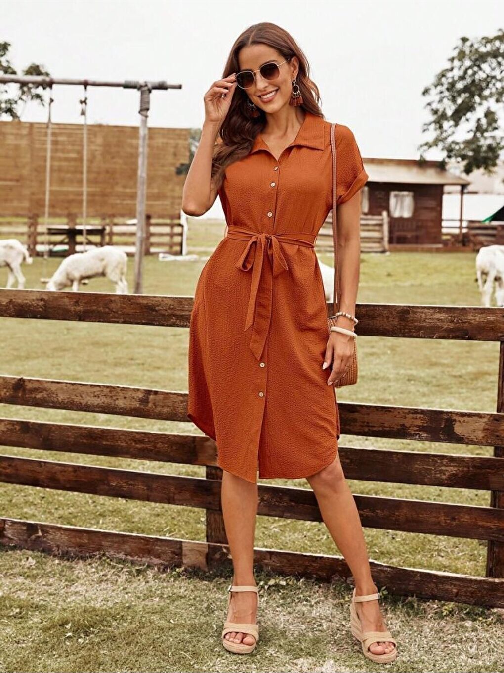 Turuncu Kadın Kısa Kollu Yakalı önden Düğmeli Beli Kuşaklı Bürümcük Elbise