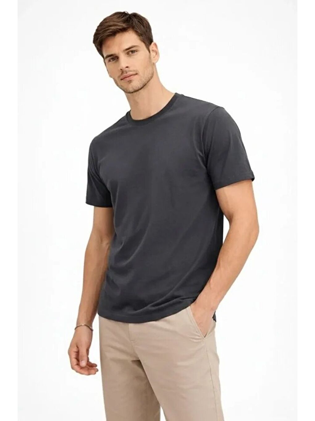 Gri Erkek Bisiklet Yaka Tişört Regular Kalıp Basic Pamuklu Günlük Kullanım Tişört-3