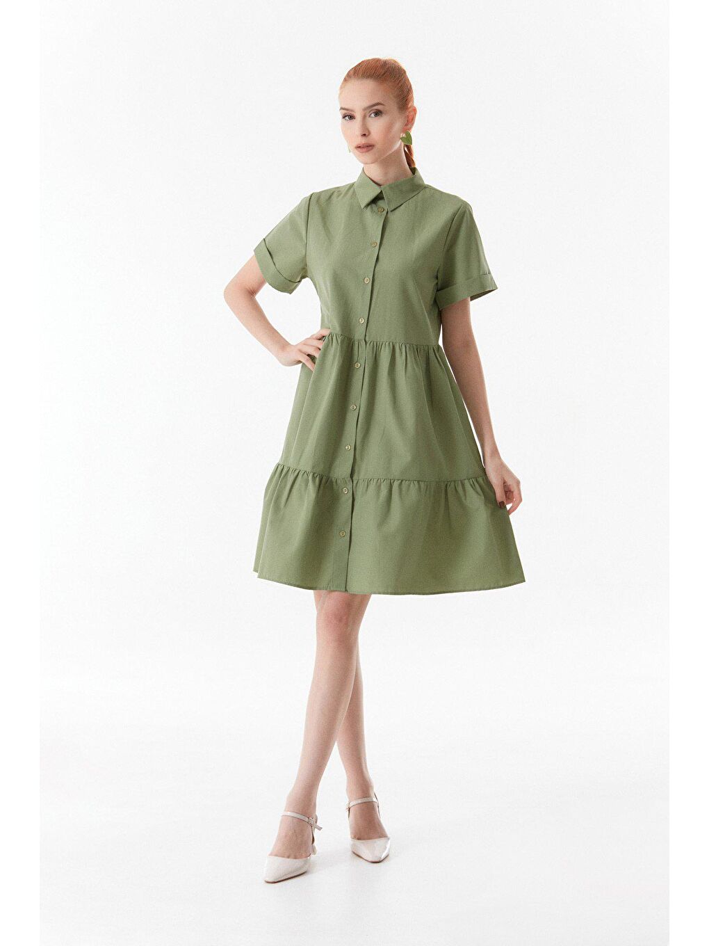 Haki Gömlek Yaka Düğmeli Elbise
