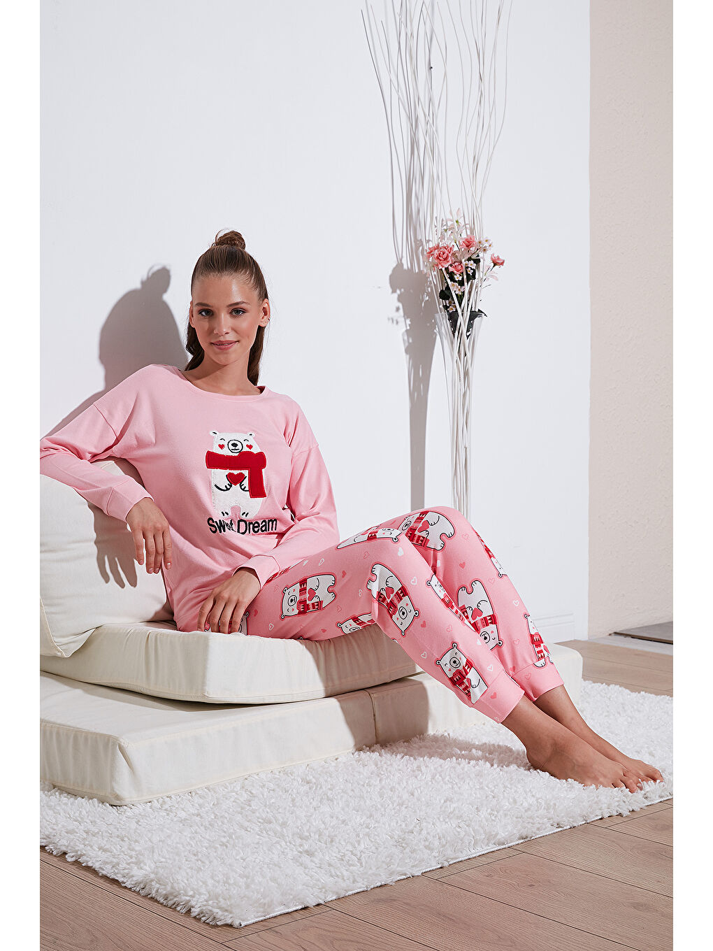 Lela Pembe Streç Standart Fit Bisiklet Yaka Desenli Pijama Takımı 6095700