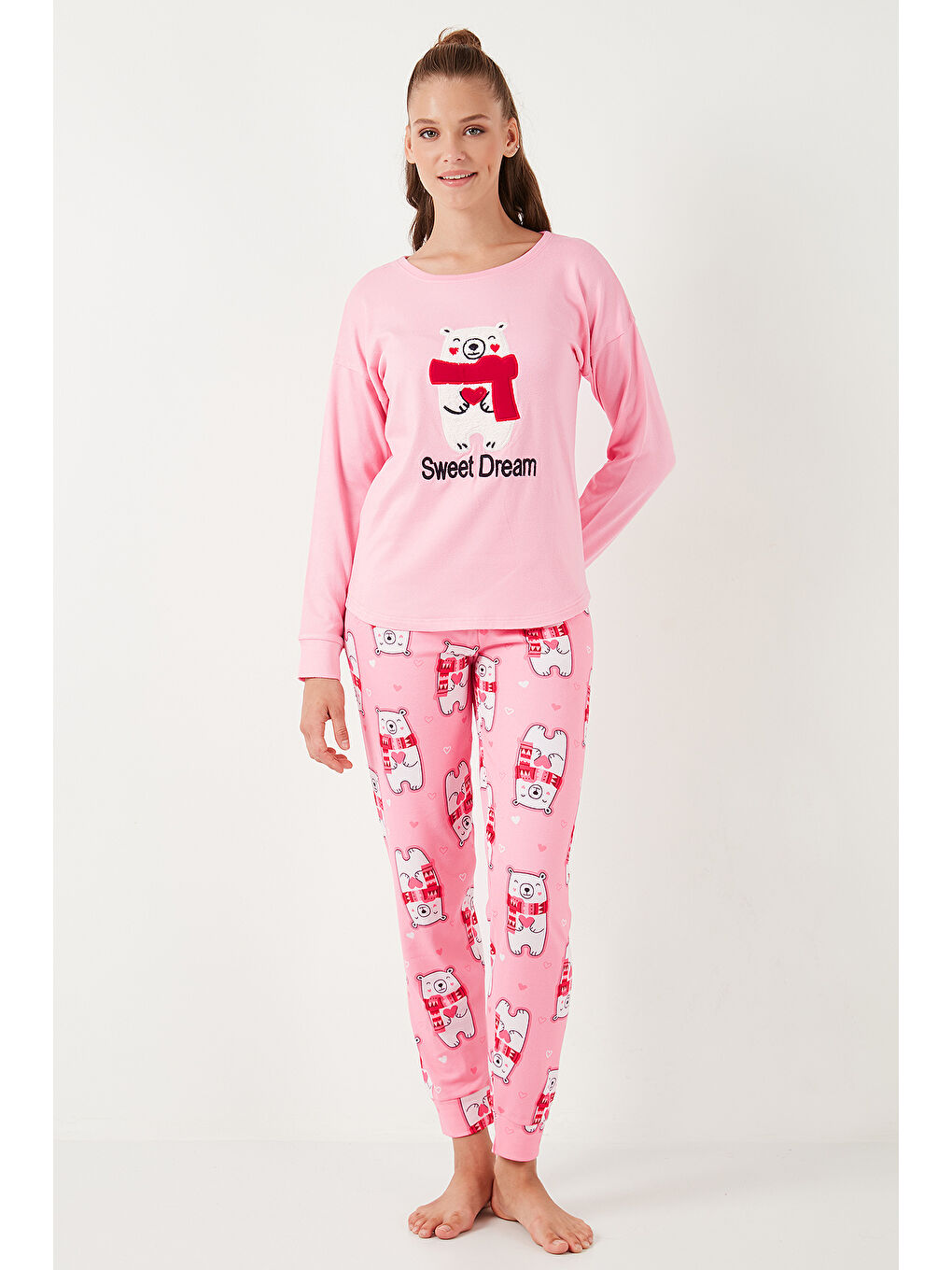 Lela Pembe Streç Standart Fit Bisiklet Yaka Desenli Pijama Takımı 6095700 - 1