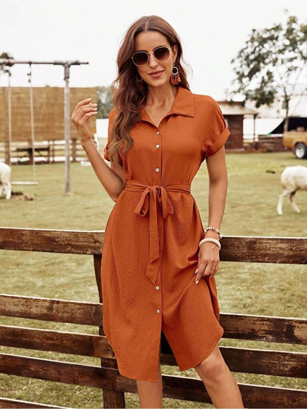 Turuncu Kadın Kısa Kollu Yakalı önden Düğmeli Beli Kuşaklı Bürümcük Elbise-4