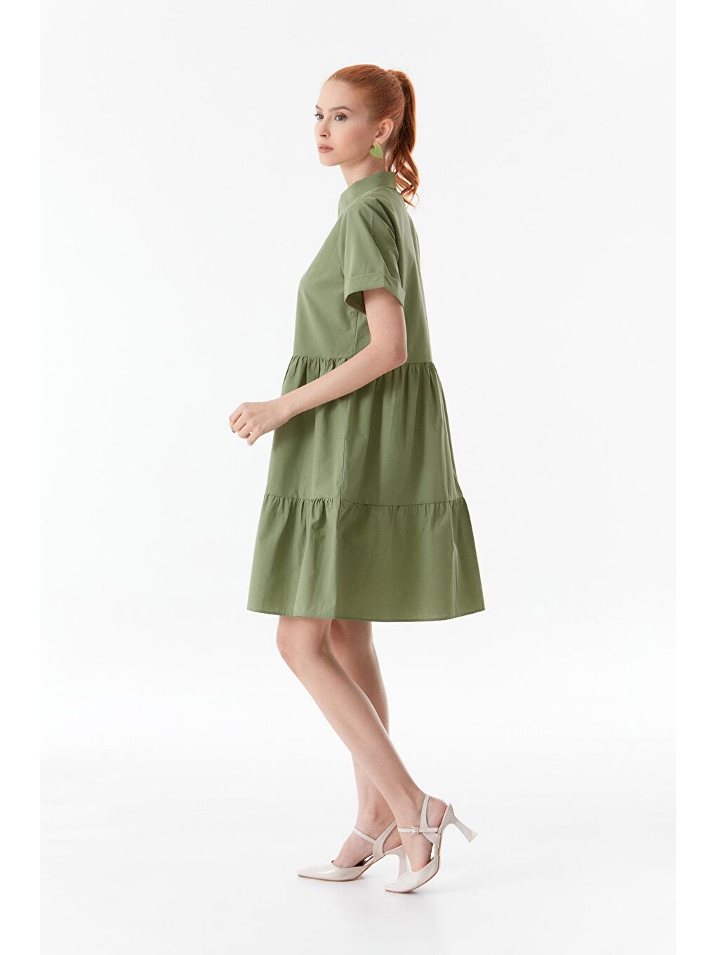 Haki Gömlek Yaka Düğmeli Elbise-2