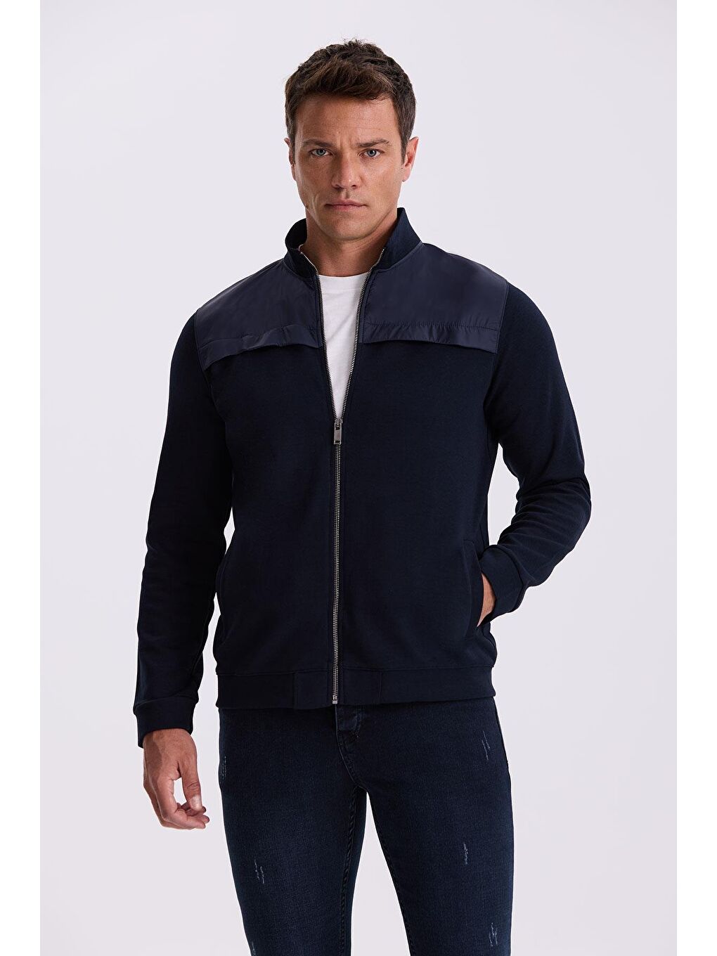 Lacivert Slim Fit Fermuarlı Pamuklu Elastanlı Eşofman Üstü