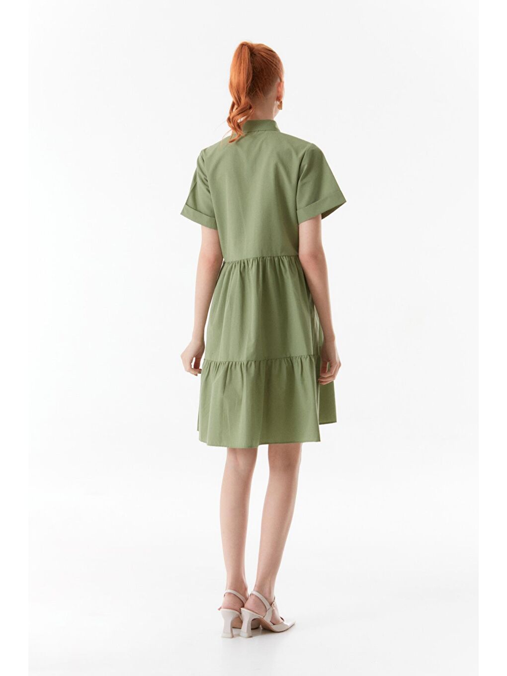 Haki Gömlek Yaka Düğmeli Elbise-3