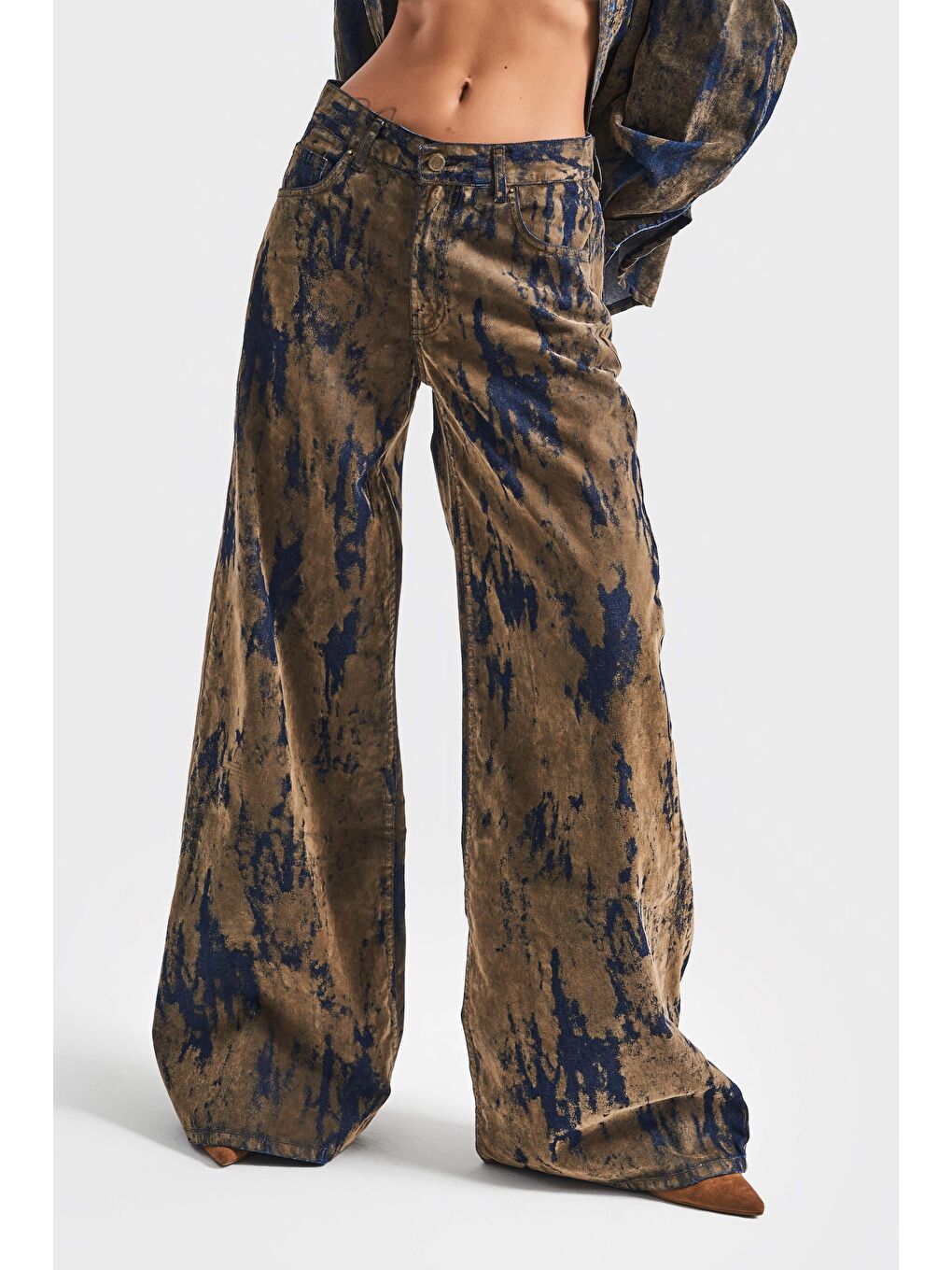 Kahverengi Kadın Kahve Jean Rengi 1w5-15 Palazzo Fit Özel Kumaş Tasarım Denim Jean