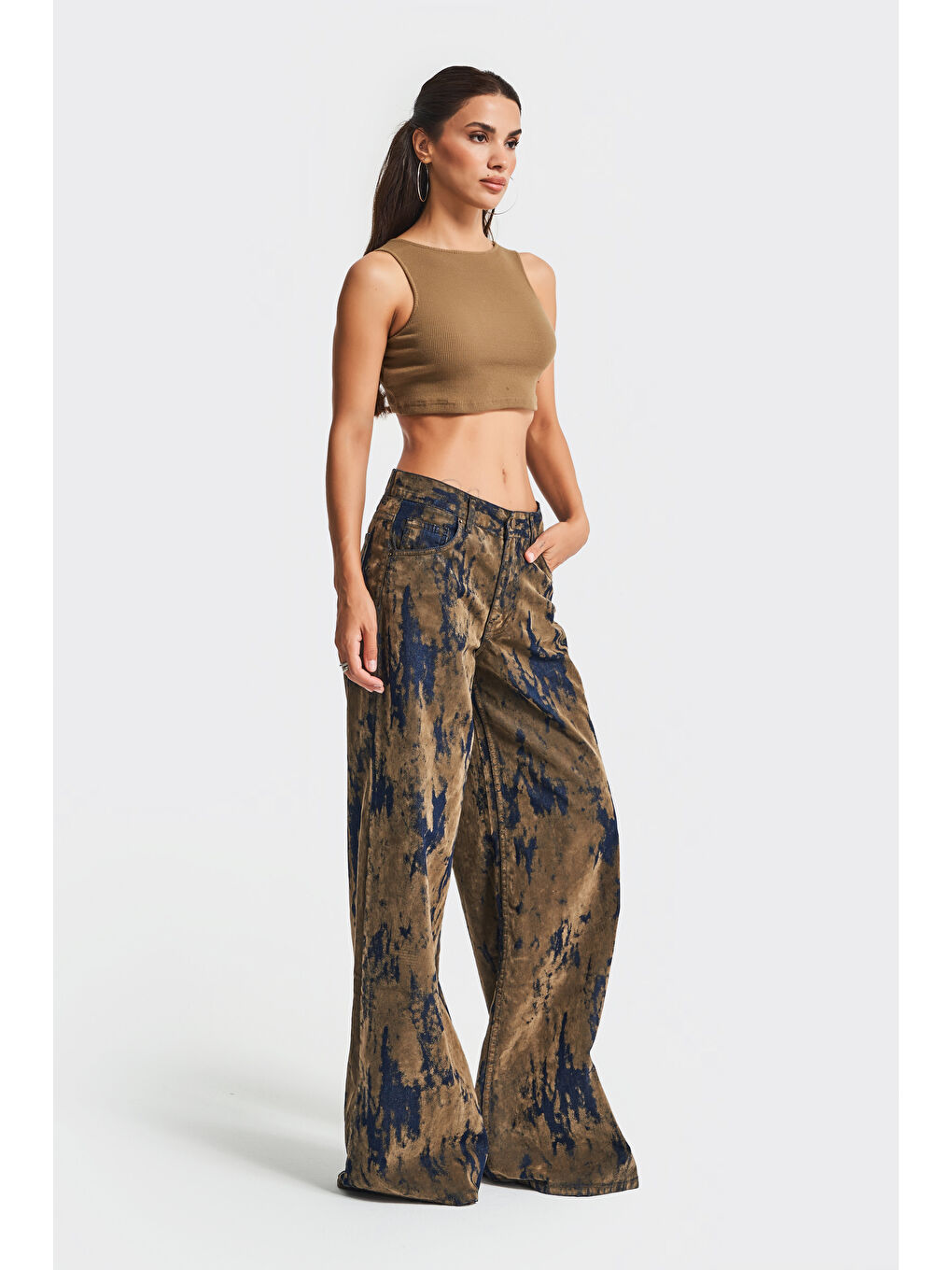 Kahverengi Kadın Kahve Jean Rengi 1w5-15 Palazzo Fit Özel Kumaş Tasarım Denim Jean-2