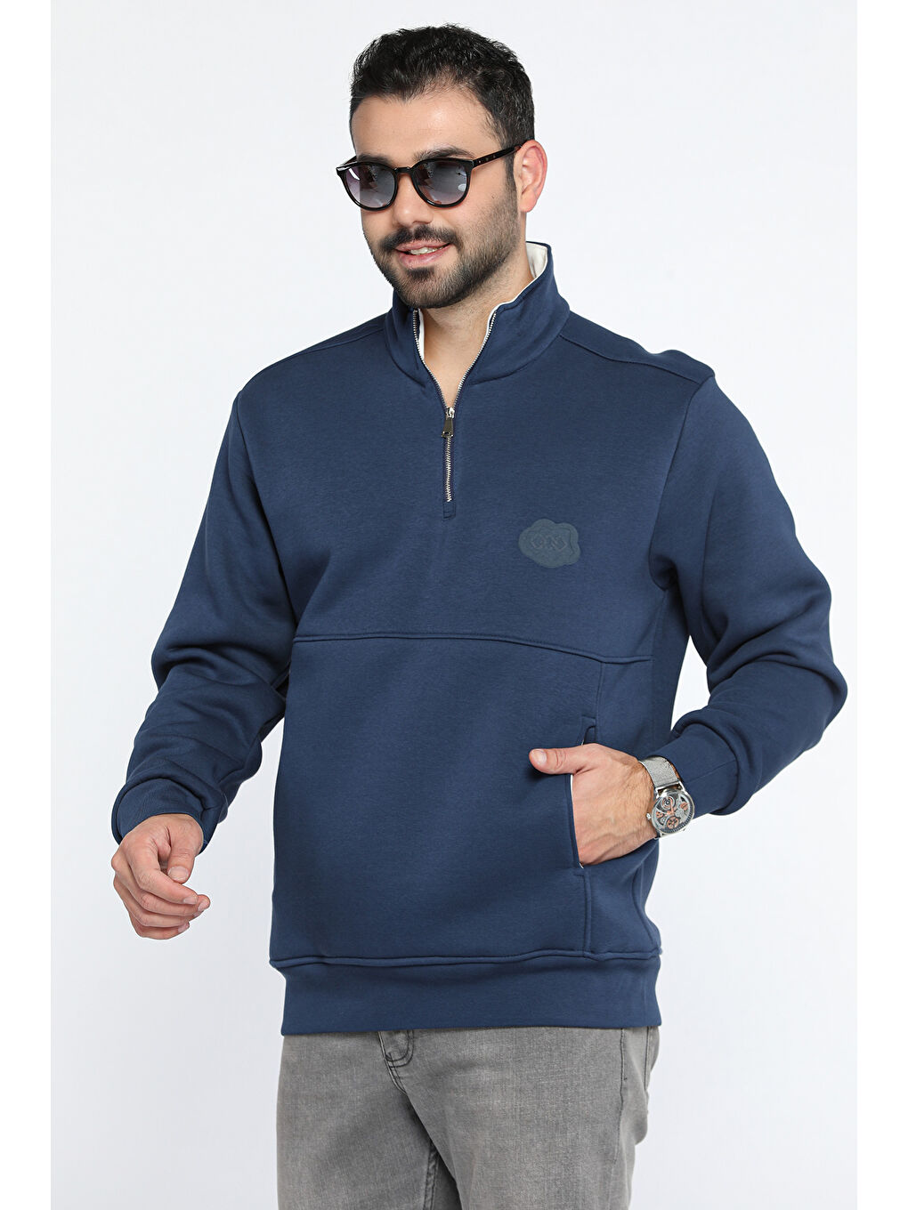 Mishar İtalia Lacivert Yarım Fermuarlı Cepli Double Face Erkek Sweatshirt - 1