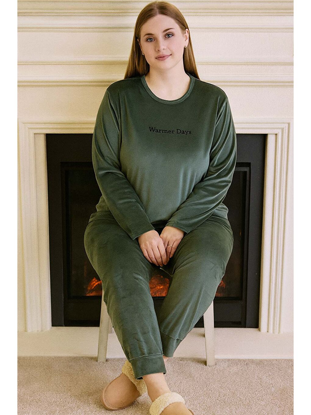 Yeşil Büyük Beden Kadın Kadife Kumaş Pijama Takımı 13212 Mint-3