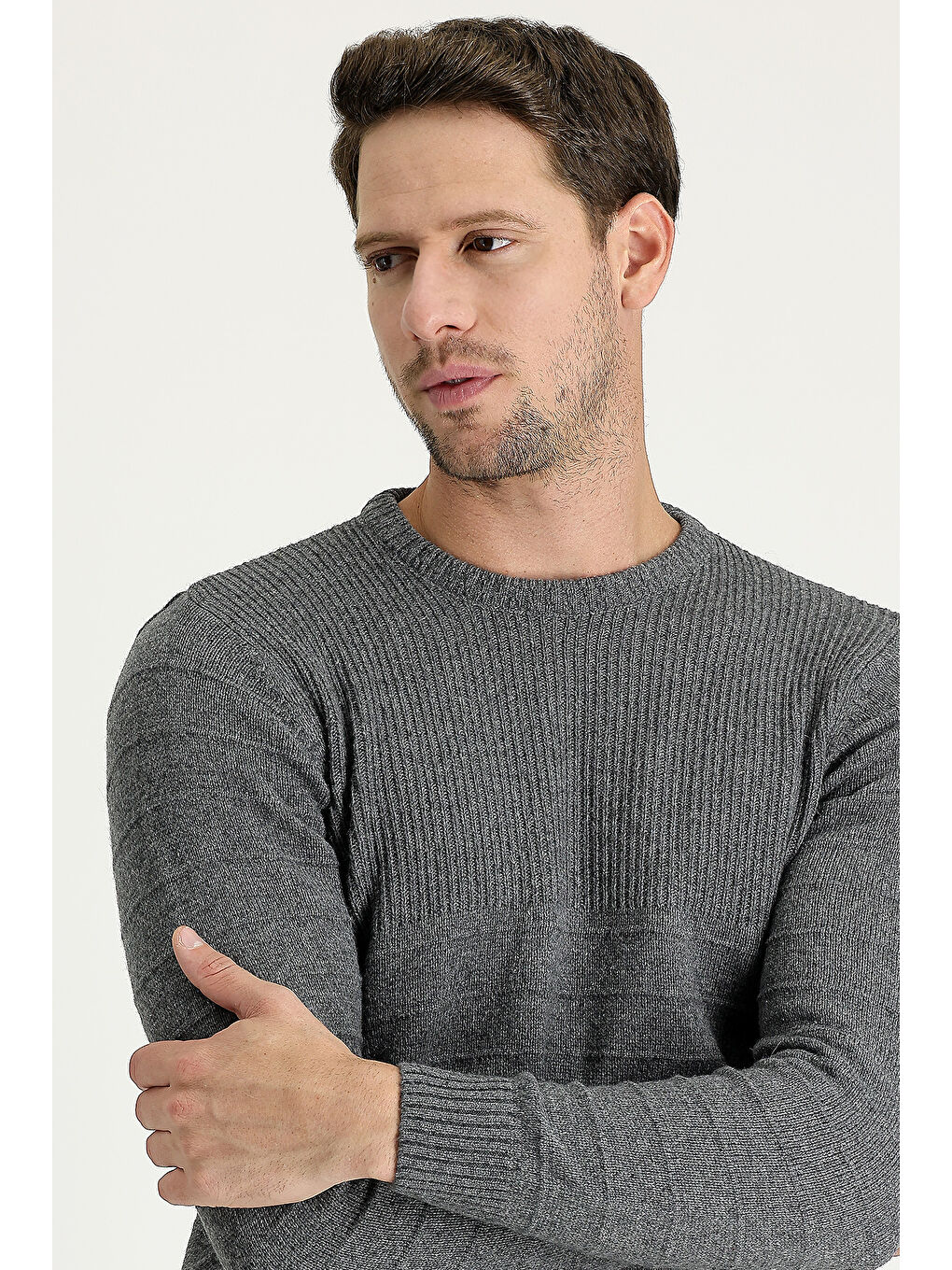 Gri Bisiklet Yaka Slim Fit Dar Kesim Desenli Triko Kazak