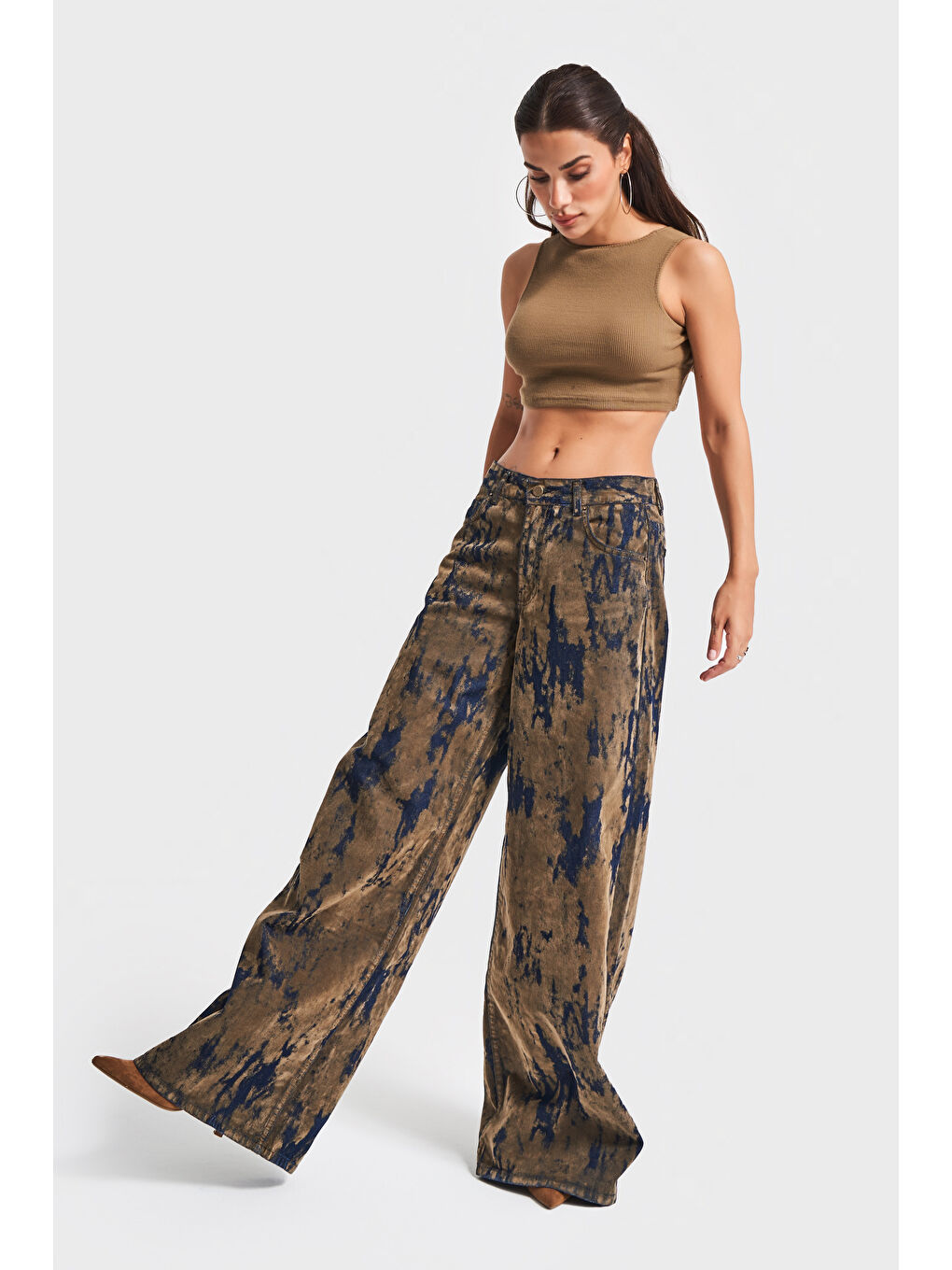 Kahverengi Kadın Kahve Jean Rengi 1w5-15 Palazzo Fit Özel Kumaş Tasarım Denim Jean-4