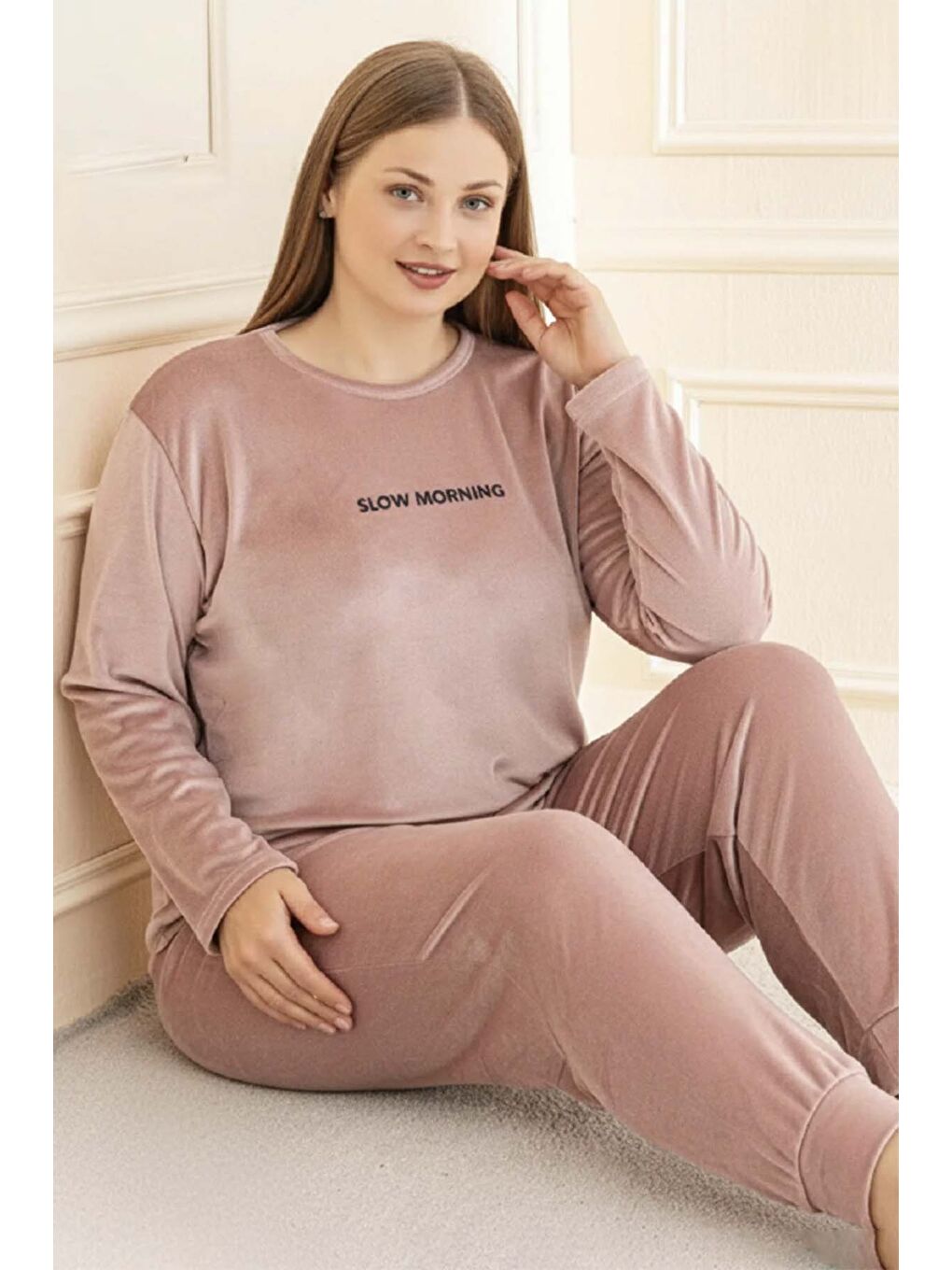 Pembe Büyük Beden Kadın Kadife Kumaş Pijama Takımı 13212 Pudra-2