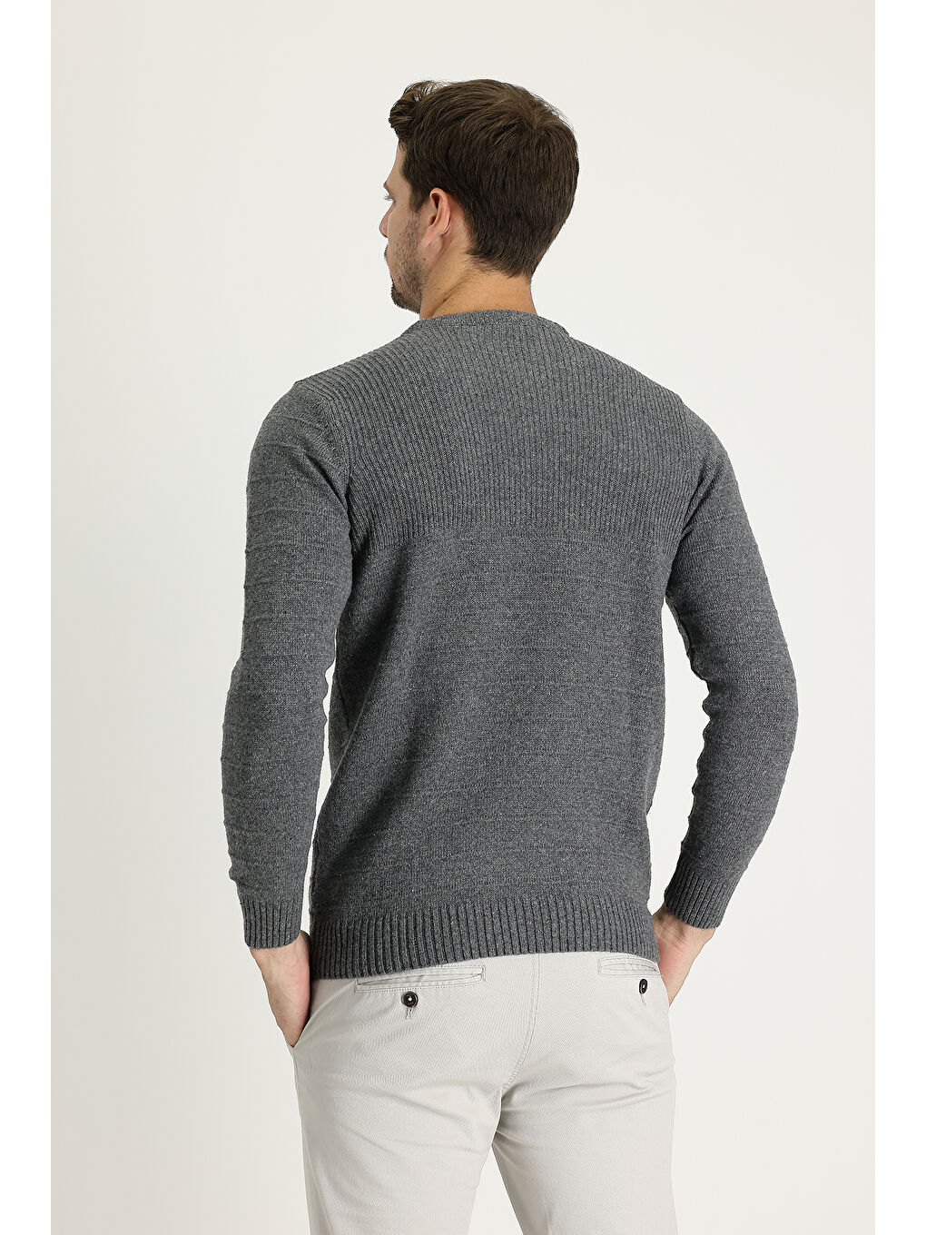 Gri Bisiklet Yaka Slim Fit Dar Kesim Desenli Triko Kazak-2