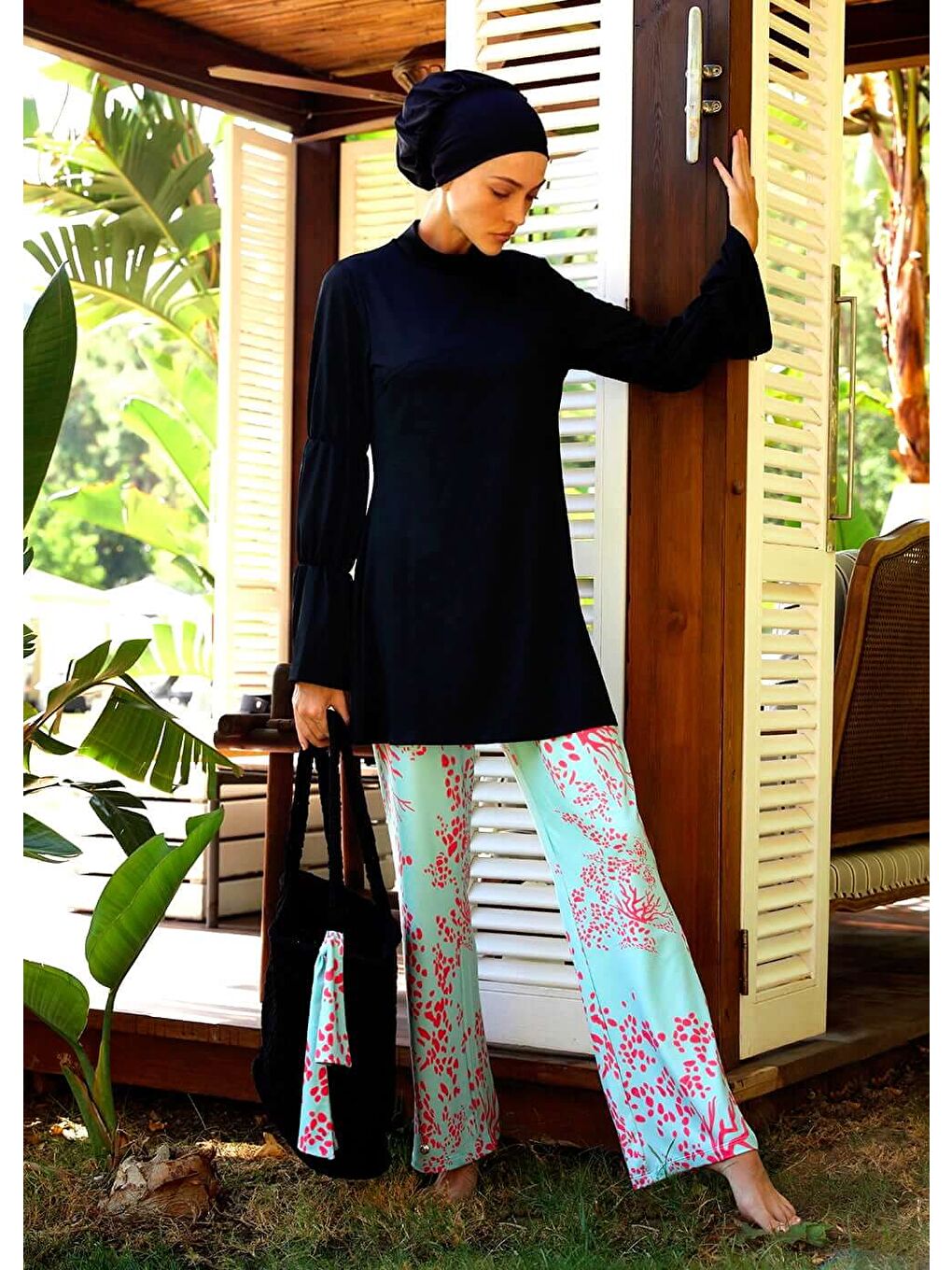 Siyah Örgü Plaj Çantası - Turkuaz-1