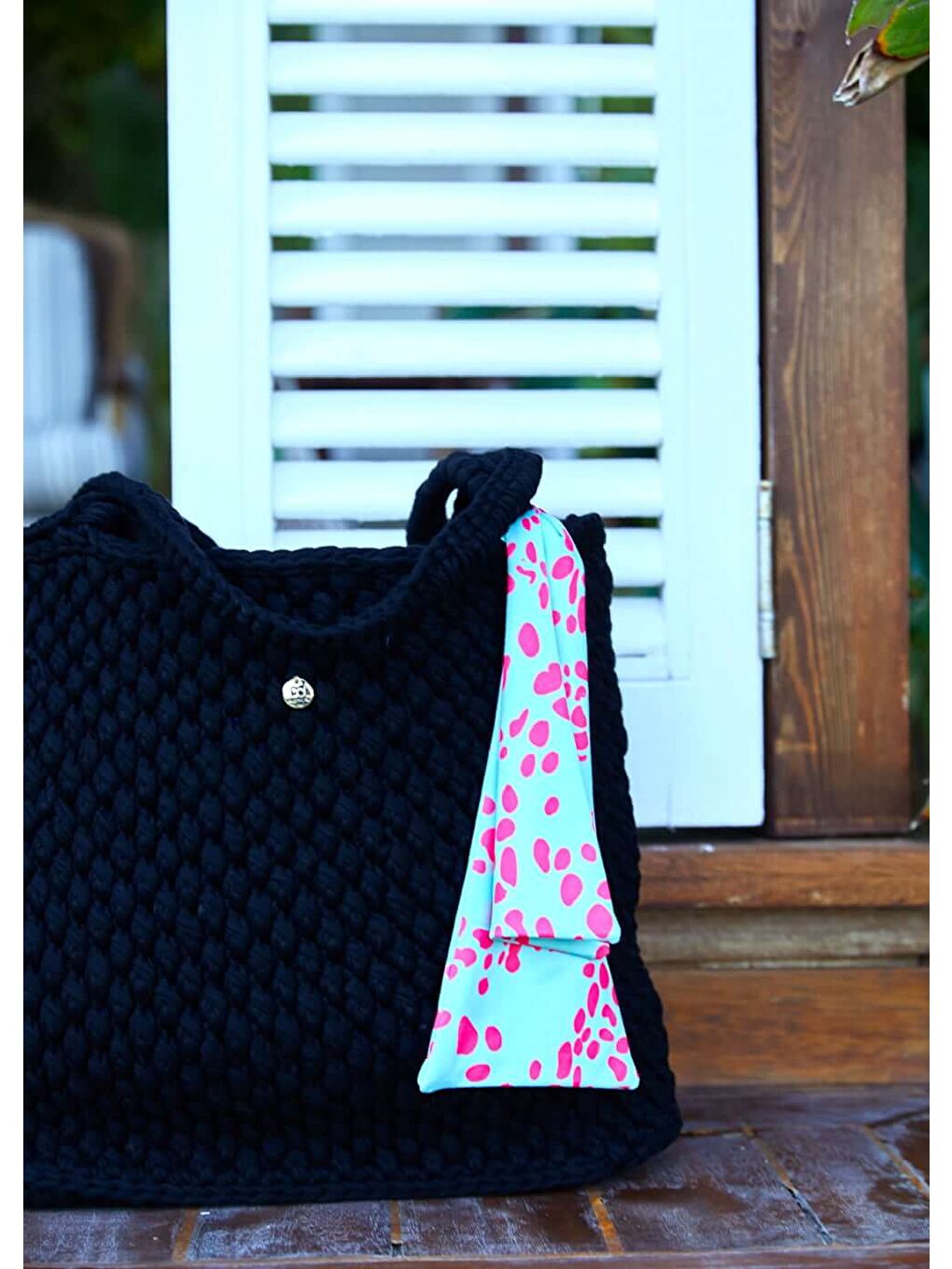 Siyah Örgü Plaj Çantası - Turkuaz-2