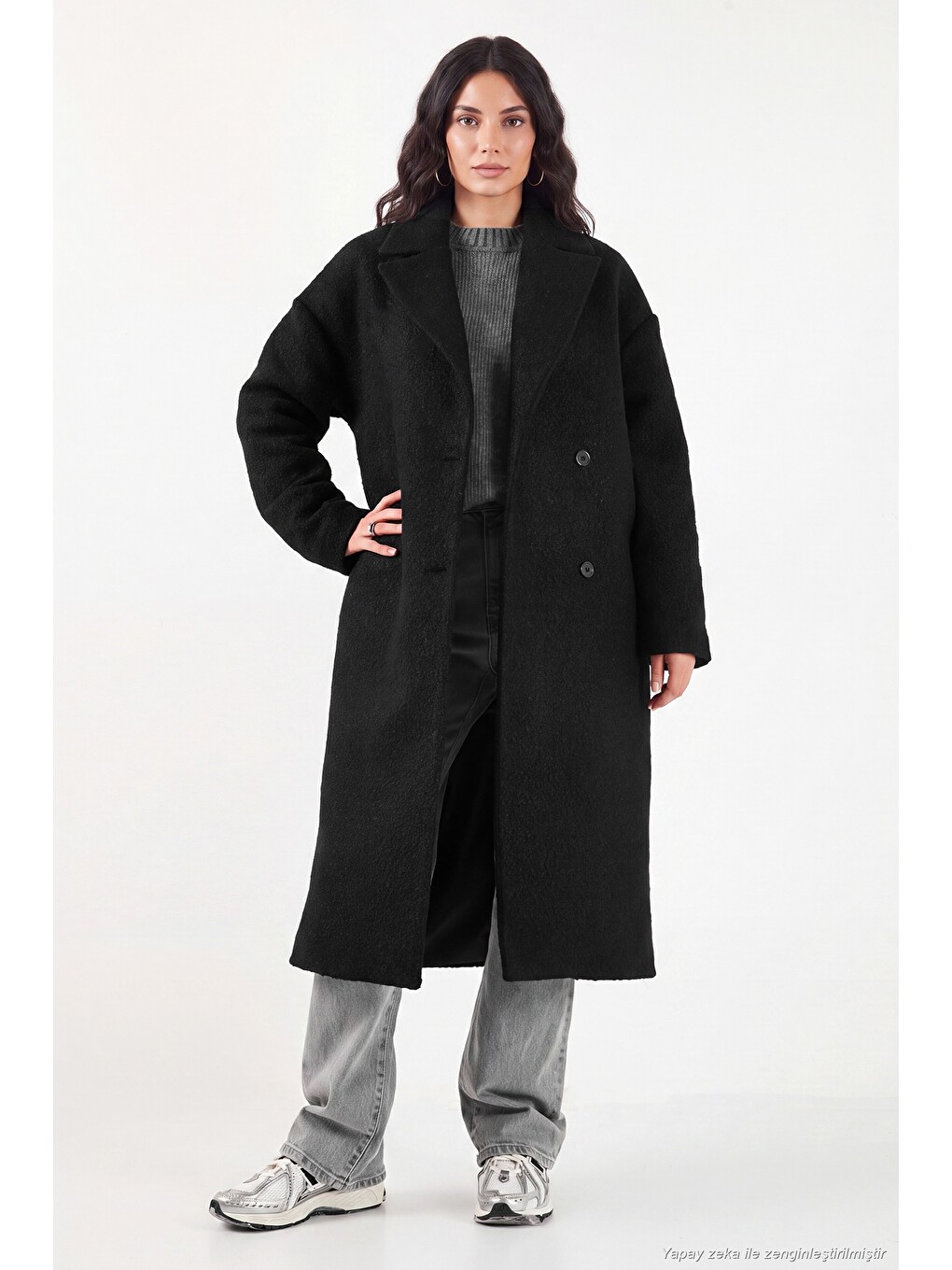 Siyah Oversize Fit Mono Yaka Düğmeli Buklet Uzun Kadın Kaşe Kaban 6811997-1