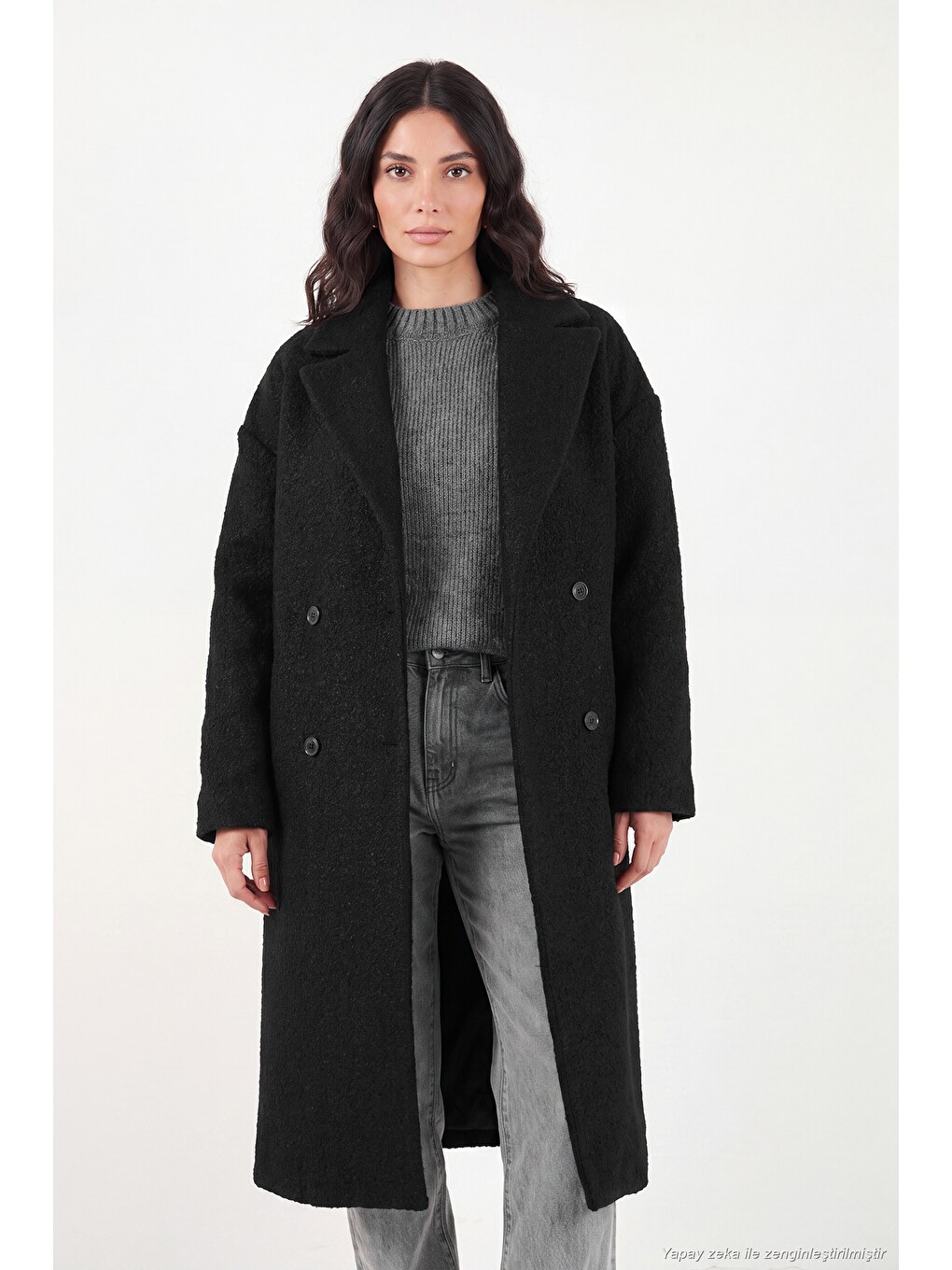 Siyah Oversize Fit Mono Yaka Düğmeli Buklet Uzun Kadın Kaşe Kaban 6811997-2