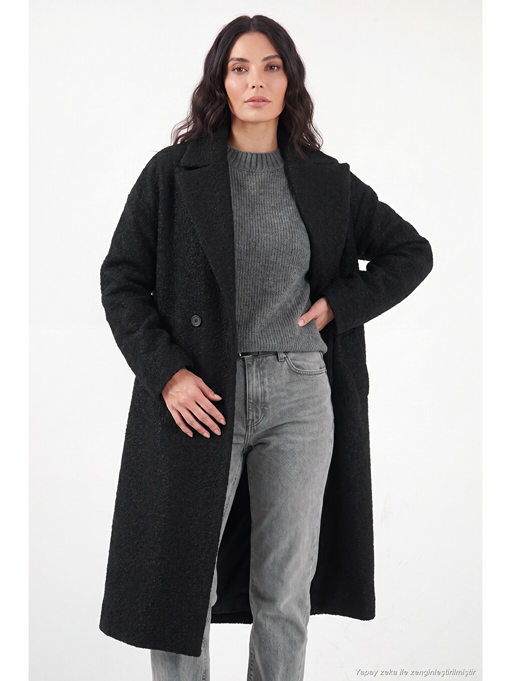 Siyah Oversize Fit Mono Yaka Düğmeli Buklet Uzun Kadın Kaşe Kaban 6811997-3