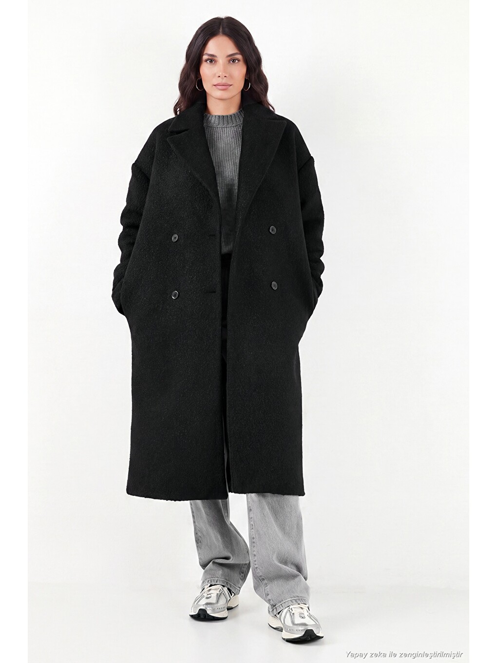 Siyah Oversize Fit Mono Yaka Düğmeli Buklet Uzun Kadın Kaşe Kaban 6811997-4