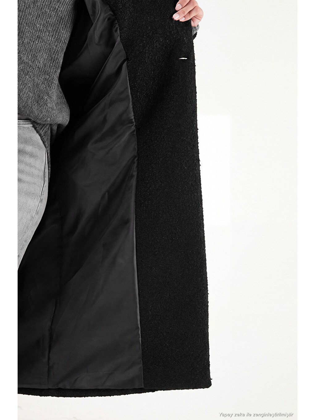 Siyah Oversize Fit Mono Yaka Düğmeli Buklet Uzun Kadın Kaşe Kaban 6811997-5