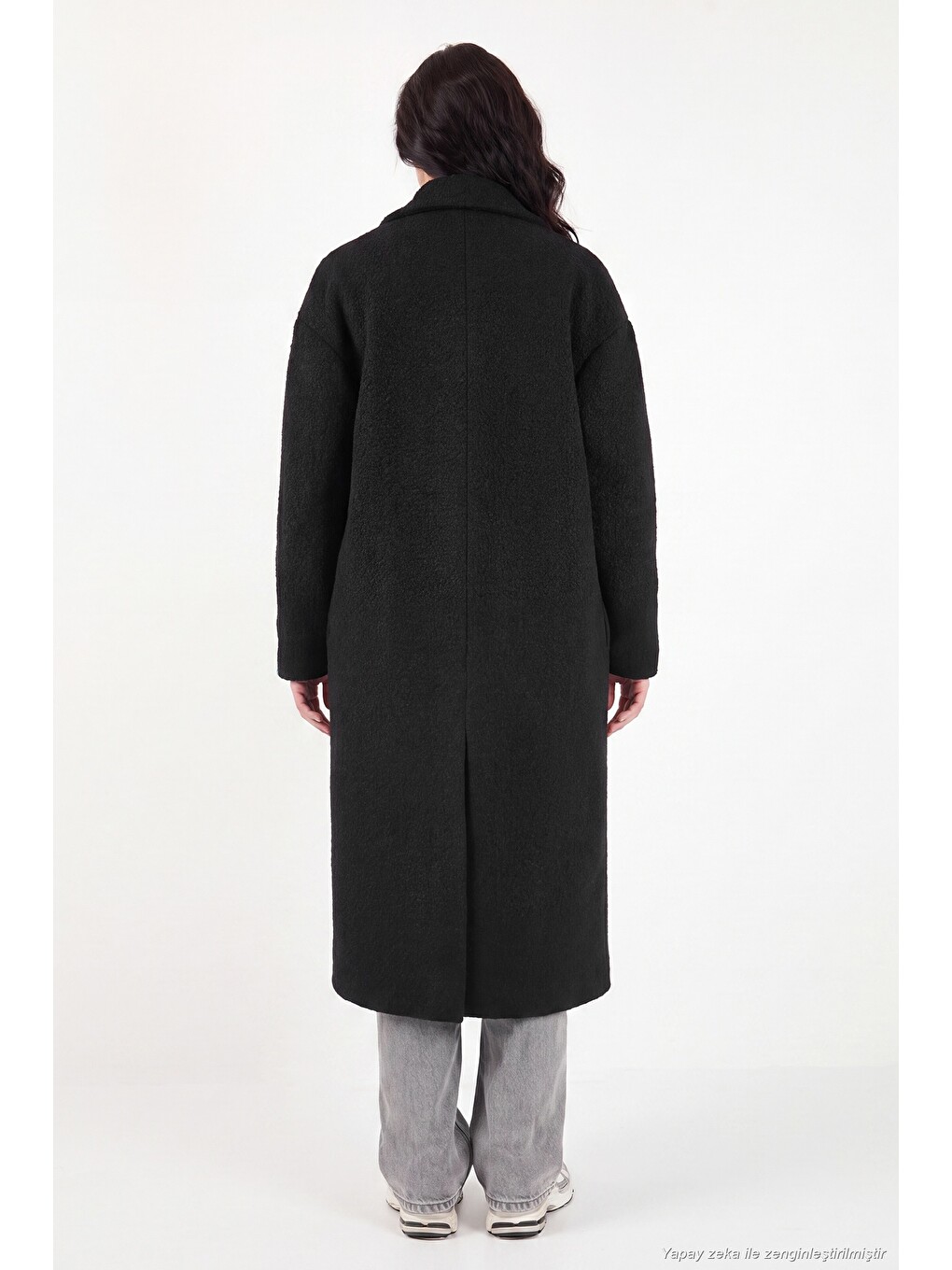 Siyah Oversize Fit Mono Yaka Düğmeli Buklet Uzun Kadın Kaşe Kaban 6811997-6