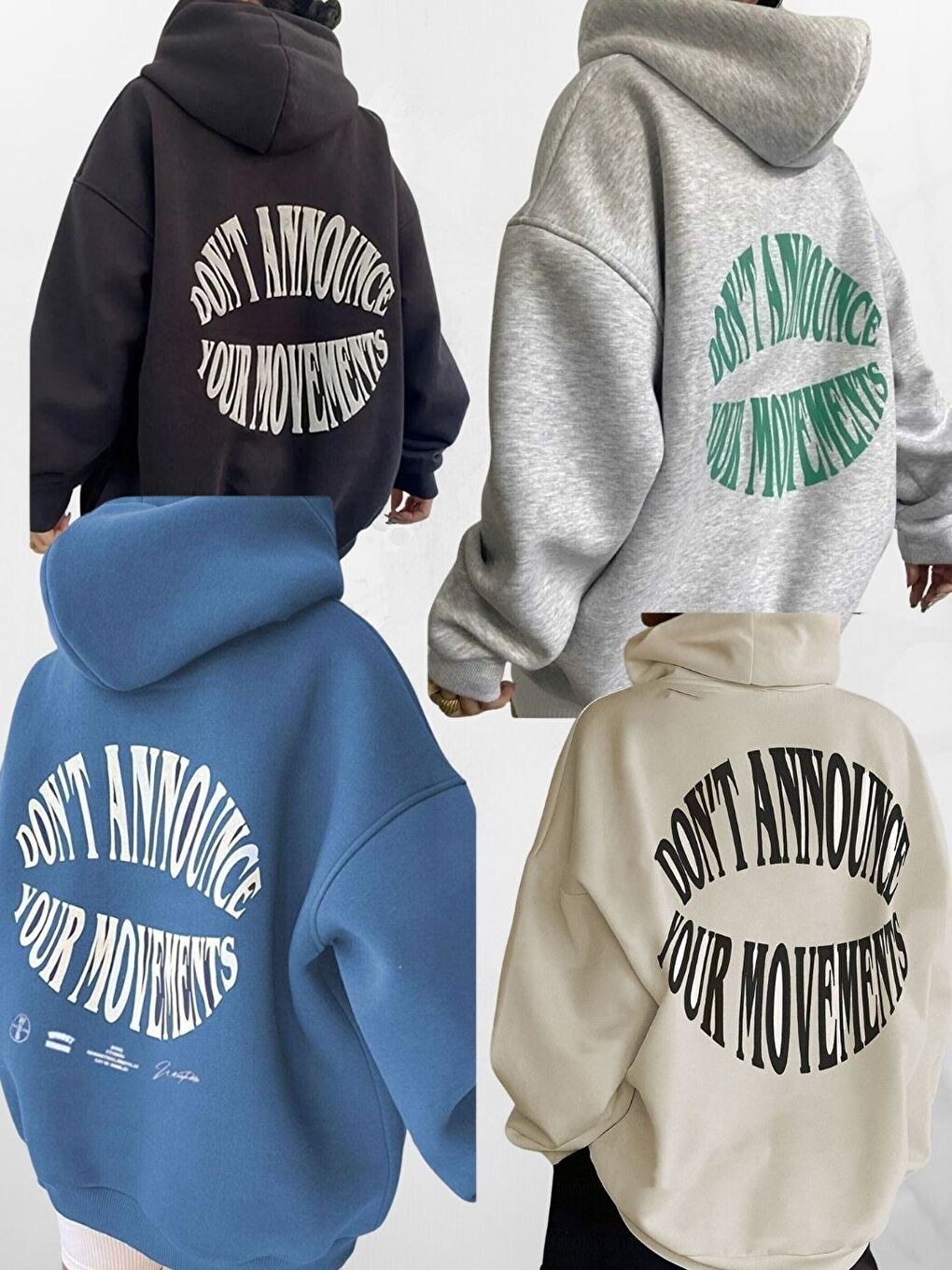 Karışık 4Lü Set Füme Gri İndigoMavi Bej Dont Baskılı Hoodie Sweatshirt