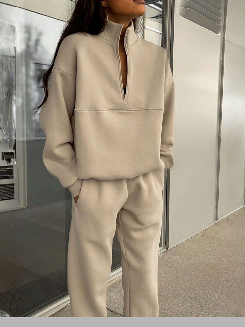 Bej Kadın Açık Vizon Fermuar Detay Dik Yaka Alt Üst Eşofman Takım