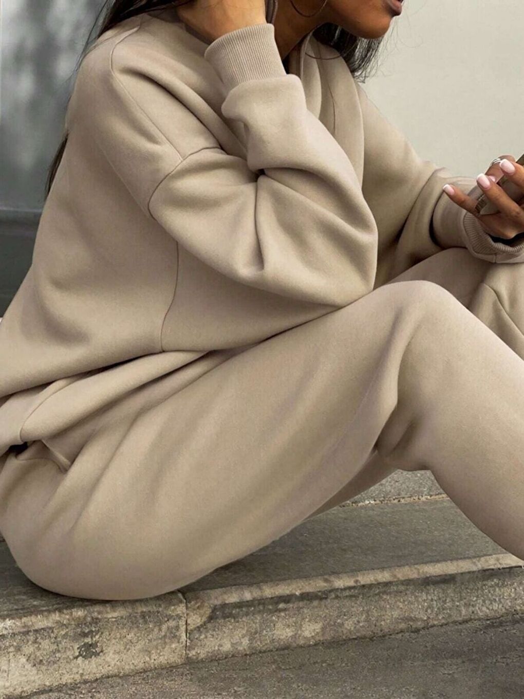 Bej Kadın Açık Vizon Fermuar Detay Dik Yaka Alt Üst Eşofman Takım-1