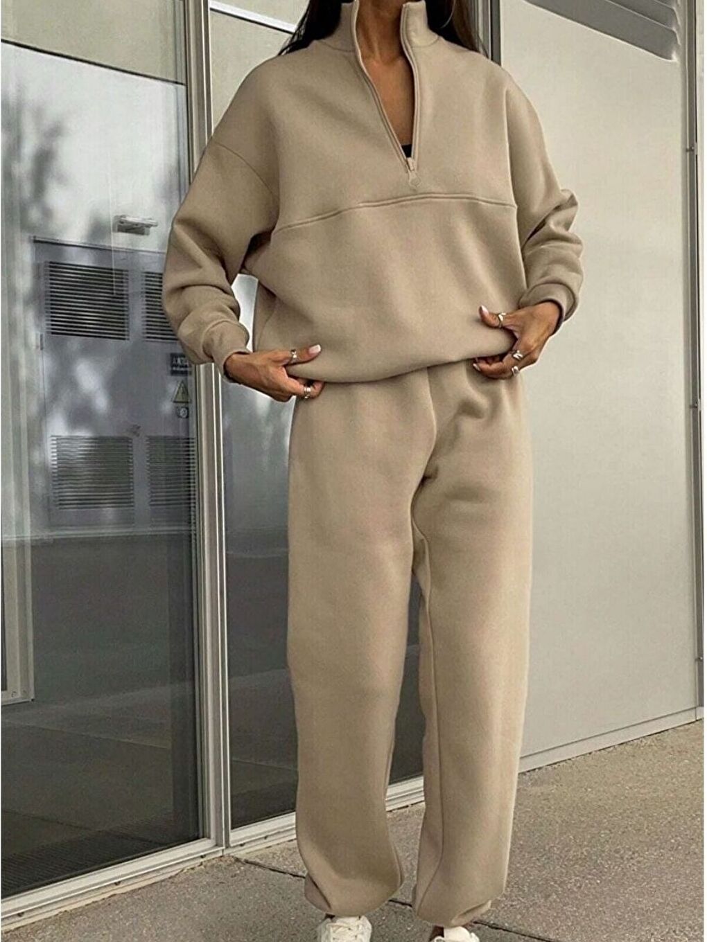 Bej Kadın Açık Vizon Fermuar Detay Dik Yaka Alt Üst Eşofman Takım-2