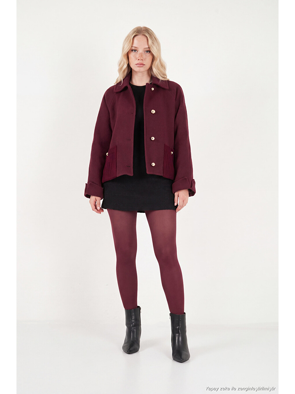 Bordo Düğmeli Yün Karışımlı Cep Detaylı Kadın Mont 6811140-1
