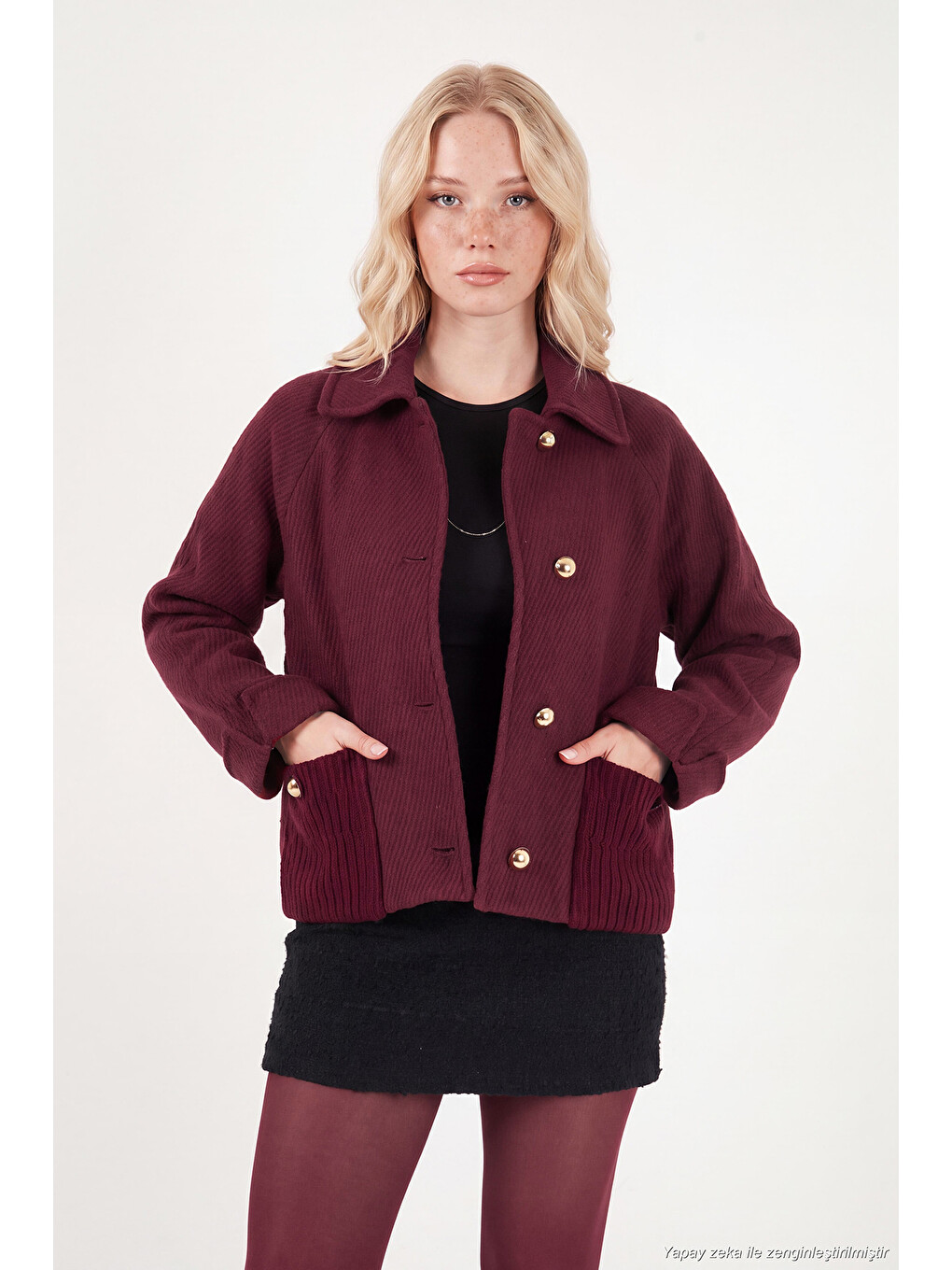 Bordo Düğmeli Yün Karışımlı Cep Detaylı Kadın Mont 6811140-2