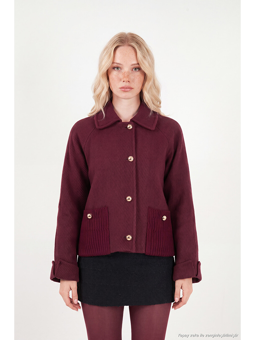 Bordo Düğmeli Yün Karışımlı Cep Detaylı Kadın Mont 6811140-4